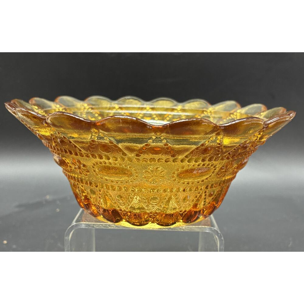 Kemple Wheaton Lace & Dewdrop Pattern Honey Amber EAPG Carnival Glass Bowl